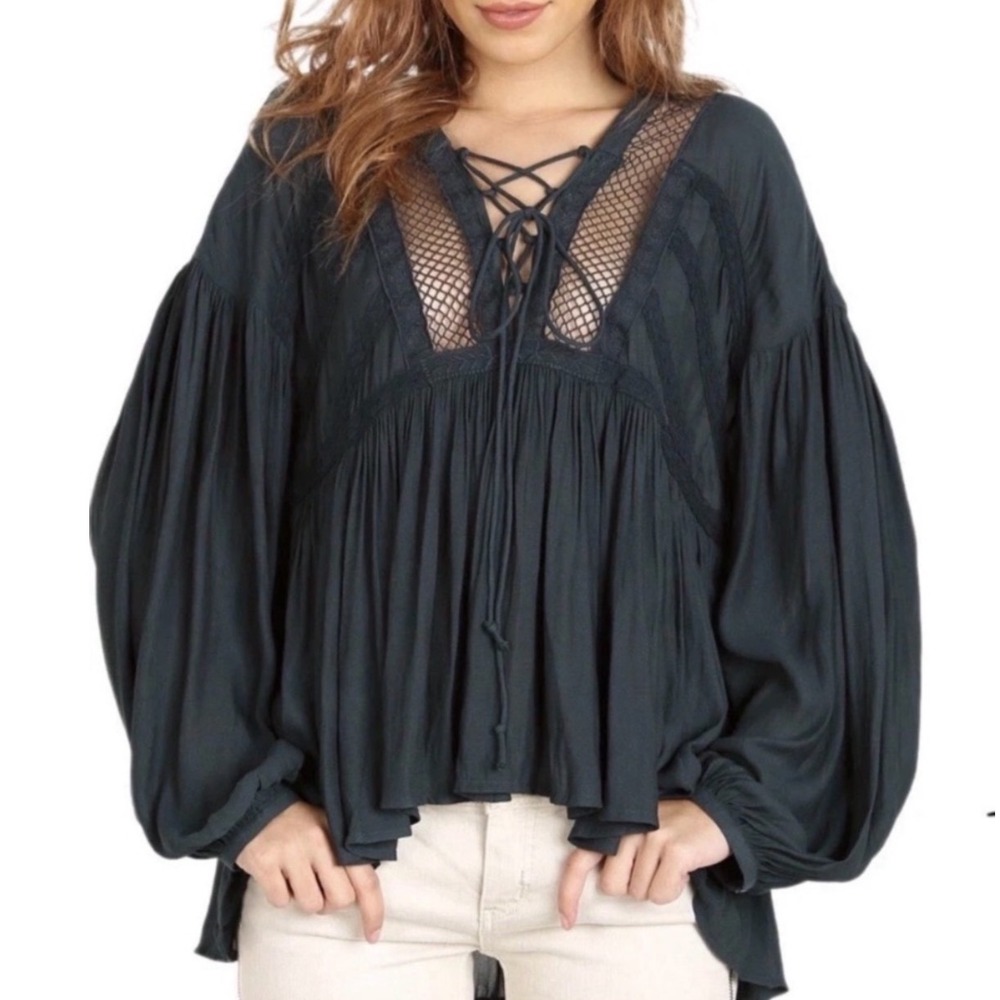 Free People Don't Let It Go Lace Up Peasant Blouse Long Sleeve Boho Top Small